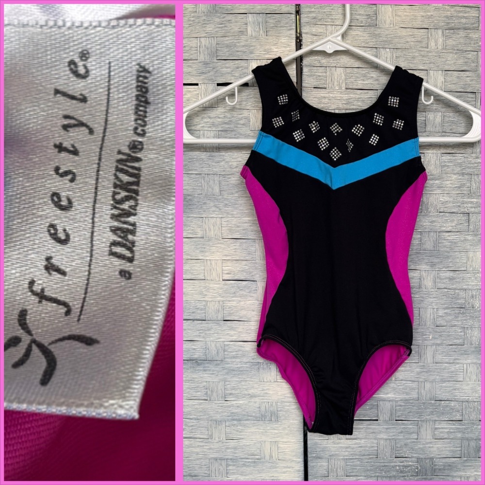 Danskin Freestyle Child Small Gymnastics Leotard Black‎ Pink Blue Rhinestone